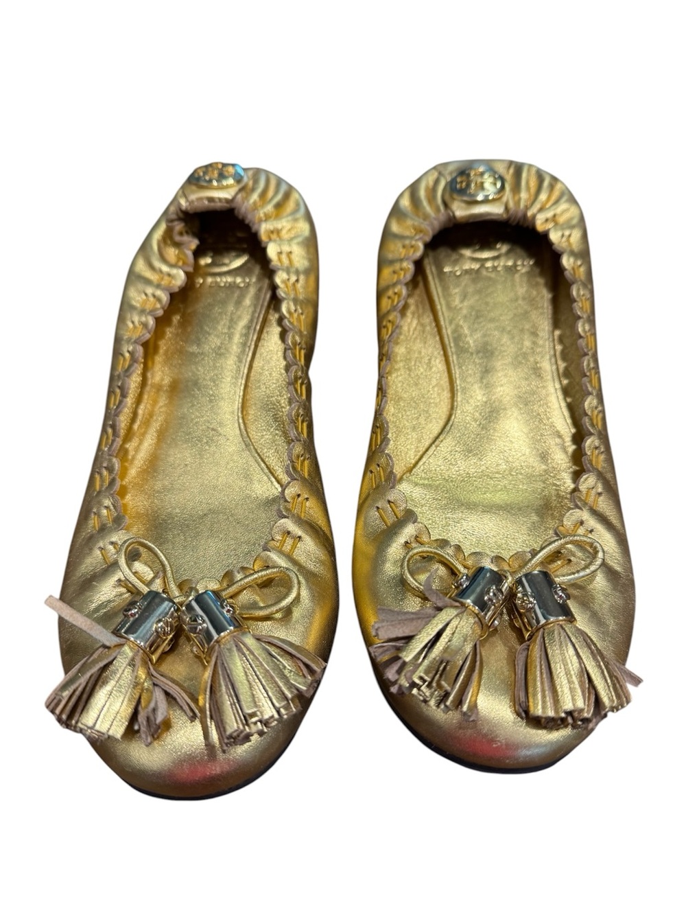 Tory Burch Reese Ballet Flats Gold Metallic Tassel Logo Shoes Size 7.5